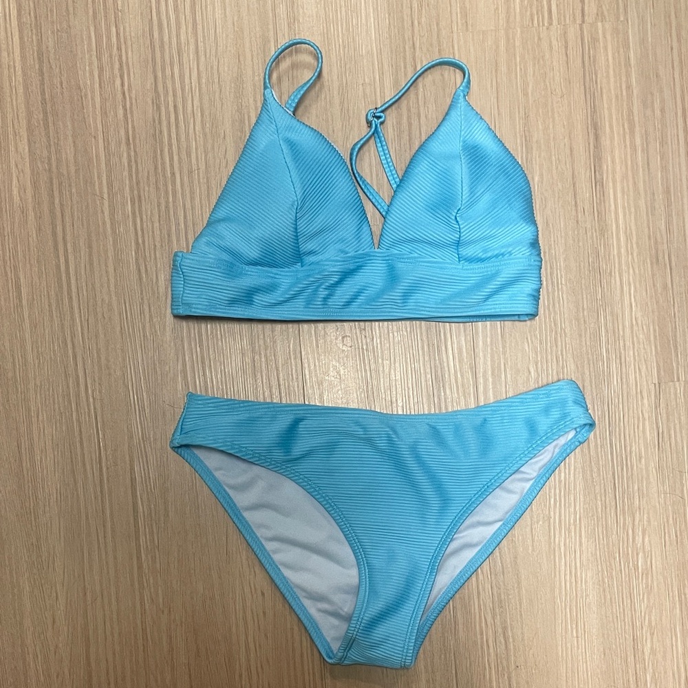 Bright Blue Ribbed Bikini Set-See Measurements